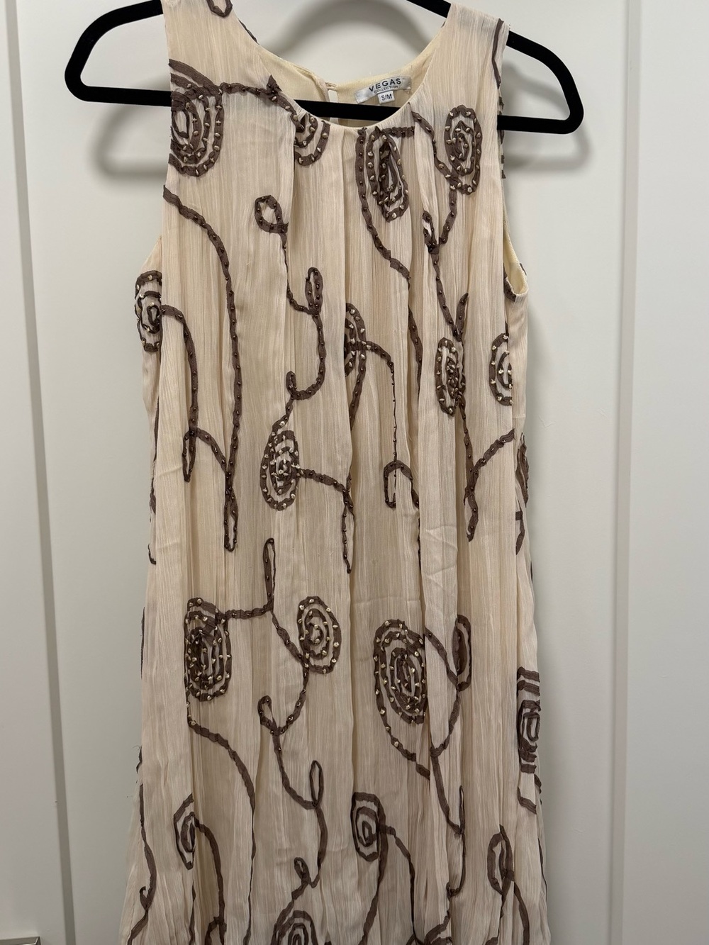 Sleeveless Mini Dress in Cream with Brown Embroidery